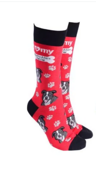 Sock Society - Dog - I love my Staffordshire Terrier - Red body with Black top toes and heels