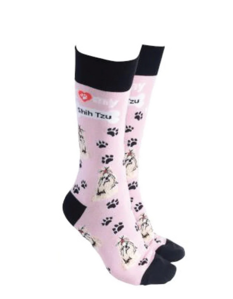 Sock Society - Dog - I love my Shih Tzu - Pink body with Black top toes and heels