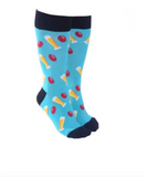 Sock Society - Beer & Footy - Blue with black toes tops and heels, Beer glasses and foot ball on each sock.