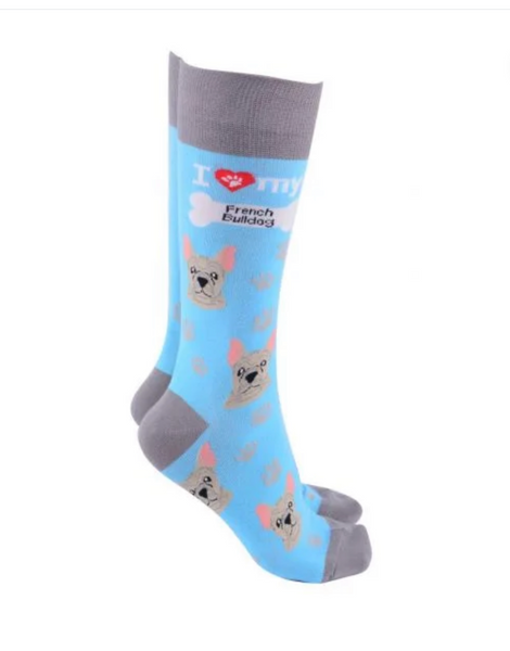 Sock Society - Dog - I love my French Bulldog Light blue body with grey tops toes and heels