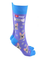 Sock Society - Dog - I love my French Bulldog - purple body with Blue tops toes and heels