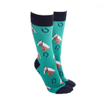 Sock Society - Horse and horse shoes Green body with black tops toes  and heels