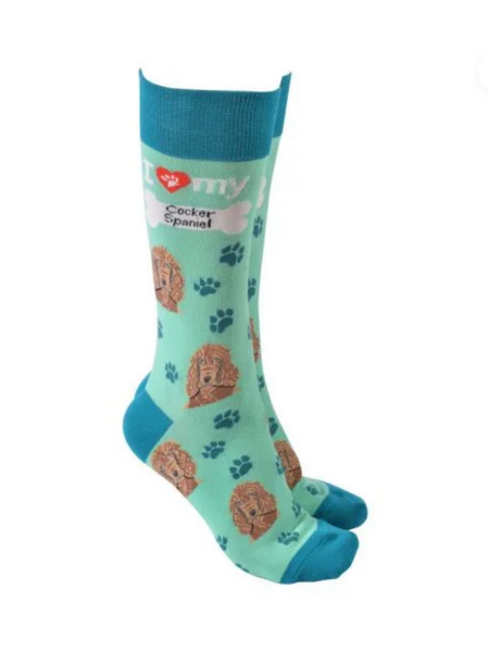 Sock Society - Dog - I love my Cocker Spaniel - Mint body turquoise Tops toes and heels