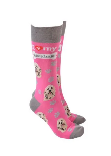 Sock Society - Dog - I love my Labradoodle - Pink body with Grey top toes and heels