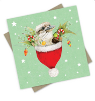 Kookaburra’s Surprise - single card - Silver Box of 6 Christmas card set  - by Popcorn Blue - Australian Made