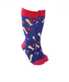 Sock Society - Beer & Footy - Navy with Red toes tops and heels, Beer glasses and foot ball on each sock.