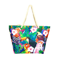 Beach Bag with Bird design - Toucan Major Mitchel cockatoo, Rosella, Kookaburra and honey birds - design with Sand backing and zip. Made from polyester - rope handles