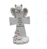 Cat Memorial Cross - winged cat over cross with flowers on the bottom. Saying states “Your paw prints left memories”