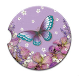 Embossed Ceramic Car Coaster - Purple Petals Butterfly - in Purple