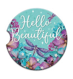 Embossed Ceramic Car Coaster - Hello Beautiful - in Aqua