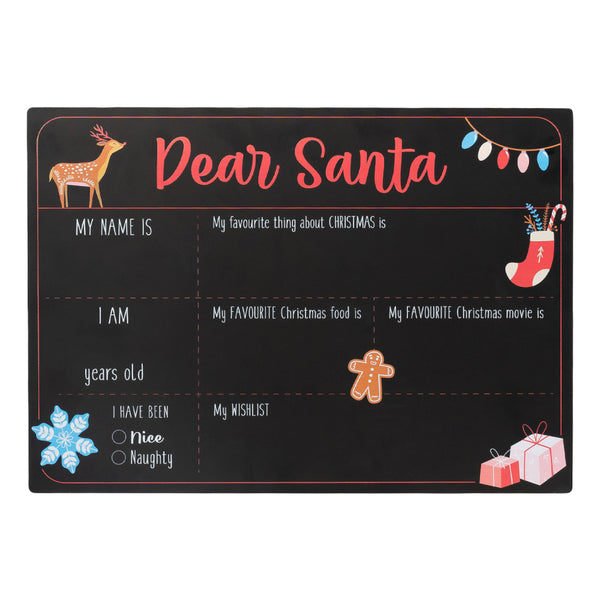 Dear Santa Chalkboard. Fill out in chalk the persons Name Age Wishlist, their favourite - thing about christmas, food and Movie. Last of all have they been naughty or nice.