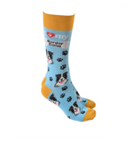Sock Society  - Border Collie - in light blue with yellow tops heels and toes