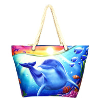 Beach Bag with Dolphin and sea design with blue backing and zip. Made from polyester - rope handles