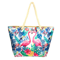 Beach Bag with Pink Flamingo and palms design with Sand backing and zip. Made from polyester - rope handles