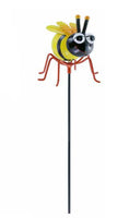 Garden Friends - Bee made from metal. Body is colour is yellow and black, bottom wings are yellow with plain metal. Top wings are made from yellow corrugated metal. Head and antenni are black and eyes with and black. Stake 50cm 