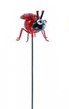 Garden Friends - Lady Beetle base of body is red with wings red with black dots. Head is black and also the antenni with red dots on top. Eyes are white and black. Stake 50cm 