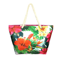 Beach Bag with Hibiscus and Fran-Annie design with Pink backing and zip. Made from polyester - rope handles