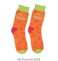 Bright coloured polyester socks for Dad on Father’s Day - sock reads My favourite Child gave me these socks