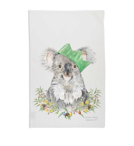 Christmas Koala Tea Towel created by Popcorn Blue. Koala with a green Christmas hat on.