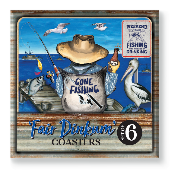 Lisa Pollock Gone Fishing Fair Dinkum Set of 6 coaster
