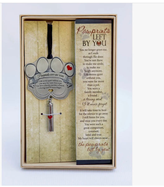 Paw Prints Left By You Vial Holder - for pets ashes or hair. Show Full Pack with poem.