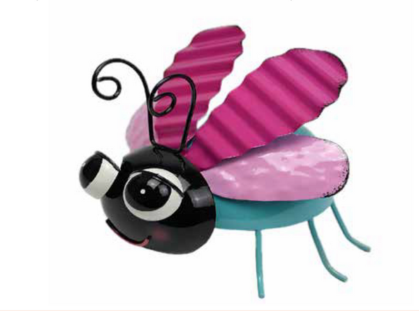 Rose the Butterfly her base is turquoise blue, with baby pink lower wings, and hot pink corrugated top wings. Head and antenna are black