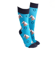 Sock Society - Horse and horse shoes Blue body with black tops toes  and heels