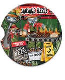 Ceramic Car Coasters - Sausage Sizzle, Drought Relief cold beer here, Caution Onions