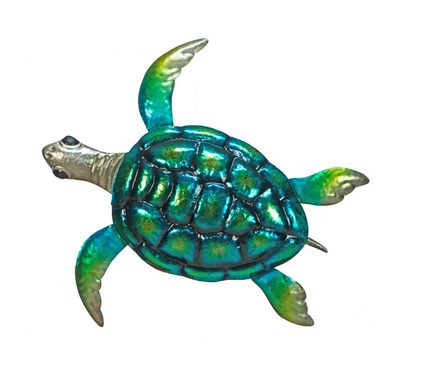 Metal Sea Turtle in beautiful blues and greens. Each comes with anchor points and is painted both sides for durability