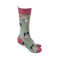 Sock Society - Border Collie in olive with maroon tops heels and toes