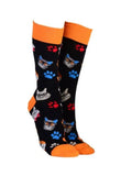 Sock Society Cats in Specs with Light Black Body and Orange Tops Toes and heels