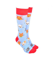 Sock Society - Cute Cats - in Blue Body with Red Tops Toes and Heels
