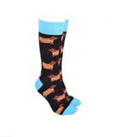 Sock Society Dog - Hot Dog in Black body with Light Blue Tops Toes and Heels