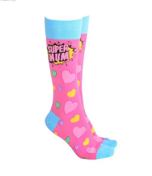 Sock Society - Super Mum socks in Hot Pink body - with light blue tops toes and heels.