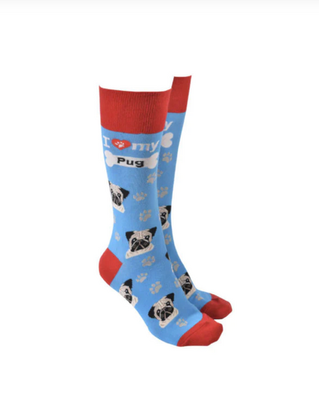 Sock Society - Dog - I love my Pug - Blue body with Red top toes and heels