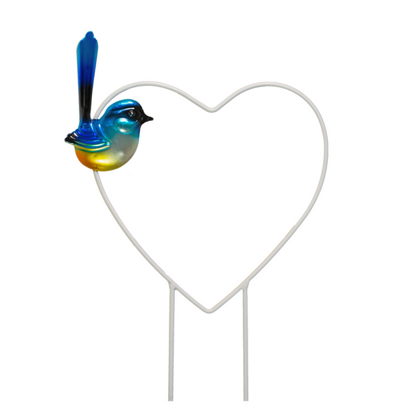 Blue Wren on the side of a heart trellis for pot plants 37cm H - 29cm would stake
