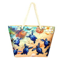 Beach Bag with Multil Blue Turtles and ocean design with Sand backing and zip. Made from polyester - rope handles