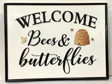 Beautiful Black and White sign with yellow butterfly with yellow bee hive and bees. 30cm x 23 cm