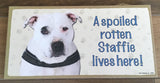 Sign and image - A spoiled rotten Staffie lives here! (white in Colour))