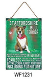 Staffordshire Bull Terrier Metal Dog breed signs.  Lovely bright colours signs with each breeds personality traits listed below. Size is 20cm x 27cm each sign. 