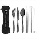Black cover - Black Cutlery - Oco Stainless Steel Travel Cutlery Set (Set of 6) includes:  Neoprene Travel Pouch - 20.5 cm Knife - 18 cm Fork  - 17.5 cm Spoon - 17.5 cm Chopsticks - 18.5 cm Stainless Steel Straw - 18 cm Straw Cleaner - 19 cm