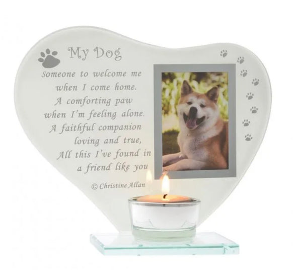 Glass Tealight:  Dog: My Dog  Someone to welcome me when i come home. A comforting paw when I’m feeling alone. A faithful companion loving and true. All this I’ve found in a friend like you. - Copyright - Christine Allan