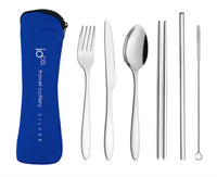 Blue cover - Stainless Steel - Oco Stainless Steel Travel Cutlery Set (Set of 6) includes:  Neoprene Travel Pouch - 20.5 cm Knife - 18 cm Fork  - 17.5 cm Spoon - 17.5 cm Chopsticks - 18.5 cm Stainless Steel Straw - 18 cm Straw Cleaner - 19 cm