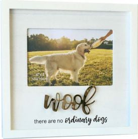 Beautiful White Photo Frame - for dog saying - WOOF there are no ordinary dogs. Takes photos 10cm x 15cm 