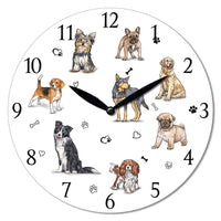28.8cm Wall Clock picturing dogs - Labrador Shih Tzu, English Bulldog, kelpie, Border Collie, Pug & Beagle.