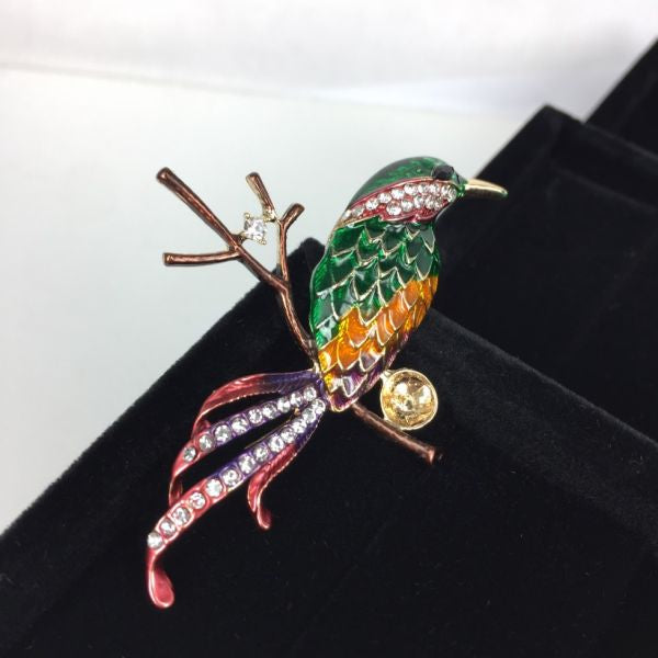 Beautiful Bird Brooch - Green and Yellow body with red tail on branch