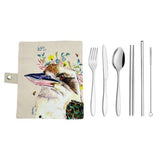 Kookaburra - Beautifully created Australiana themed travel cutlery wraps  - design by Dana Till.  Range comes with variety of cutlery choice:    Red Tailed Black Cockatoo - Rainbow Cutlery Garage Gang Cockatoo - Rose Gold Cutlery Kookaburra - Silver Cutlery Hummingbird - Champagne Cutlery