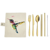 Humming Bird - Beautifully created Australiana themed travel cutlery wraps  - design by Dana Till.  Range comes with variety of cutlery choice:    Red Tailed Black Cockatoo - Rainbow Cutlery Garage Gang Cockatoo - Rose Gold Cutlery Kookaburra - Silver Cutlery Hummingbird - Champagne Cutlery