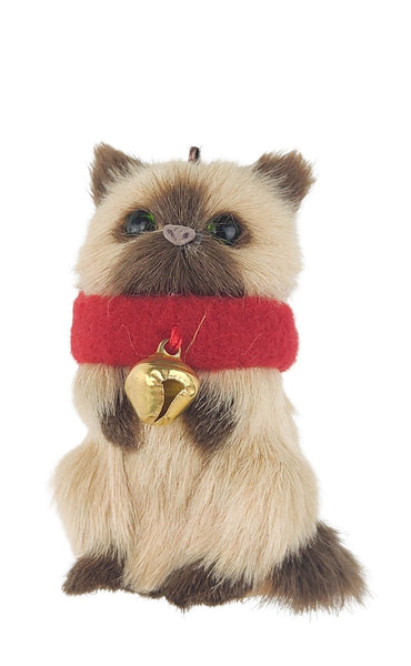 Beautifully created Cat with bell christmas decoration in cream and brown.   Dimension: 8cm x 6cm x 5cm
