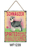 Schnauzer Metal Dog breed signs.  Lovely bright colours signs with each breeds personality traits listed below. Size is 20cm x 27cm each sign. 